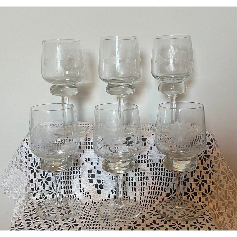 6 Mouth-Blown Crystal Etched Wine Glasses